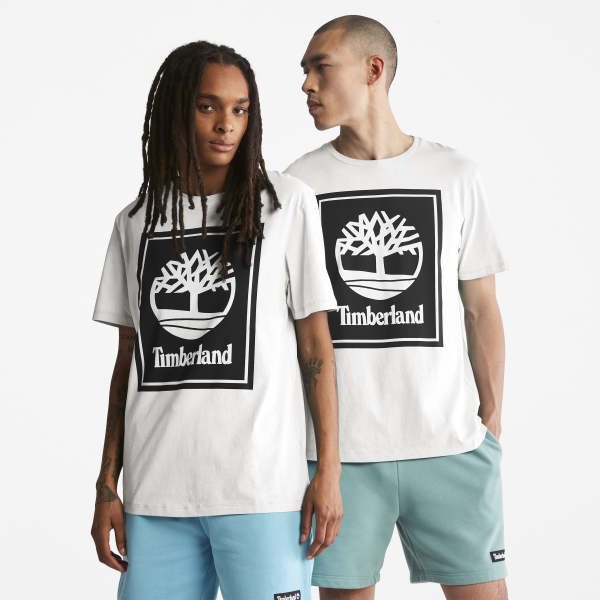 Timberland - Camiseta unisex con logo vertical en blanco