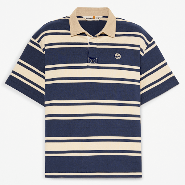 Timberland  Striped Short-Sleeve Rugby Polo In Dark Blue/Beige Size Xl