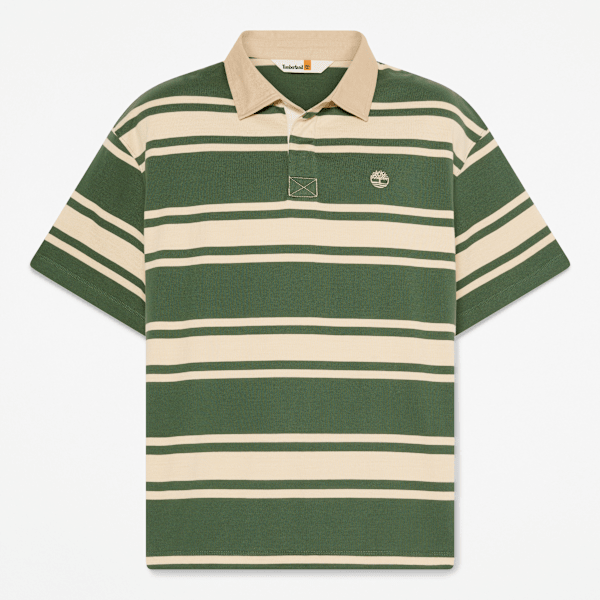 Timberland - All Gender Striped Short-Sleeve Rugby Polo in Dark Green/Beige