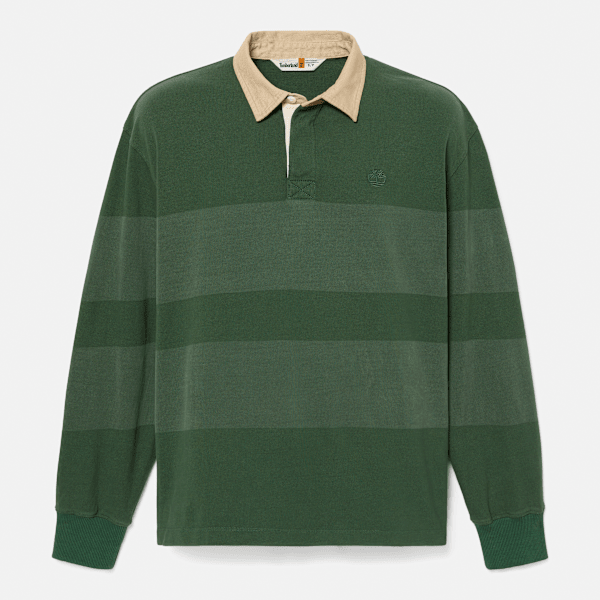 Timberland - All Gender Long-Sleeve Striped Rugby Polo in Dark Green
