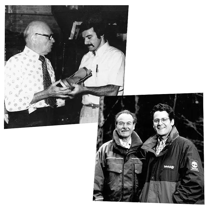 Black and white images of Timberland founder Nathan Swartz and his son Sidney, and another of Sidney and his young-20s son Jeff, wearing Timberland jackets.