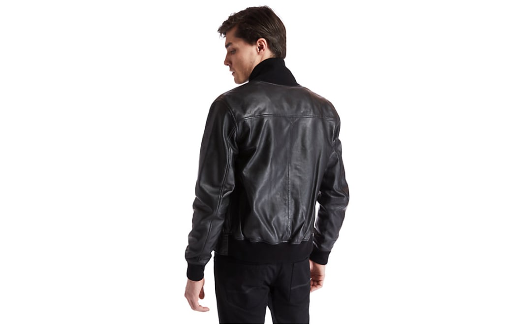 Man in black Timberland leather jacket