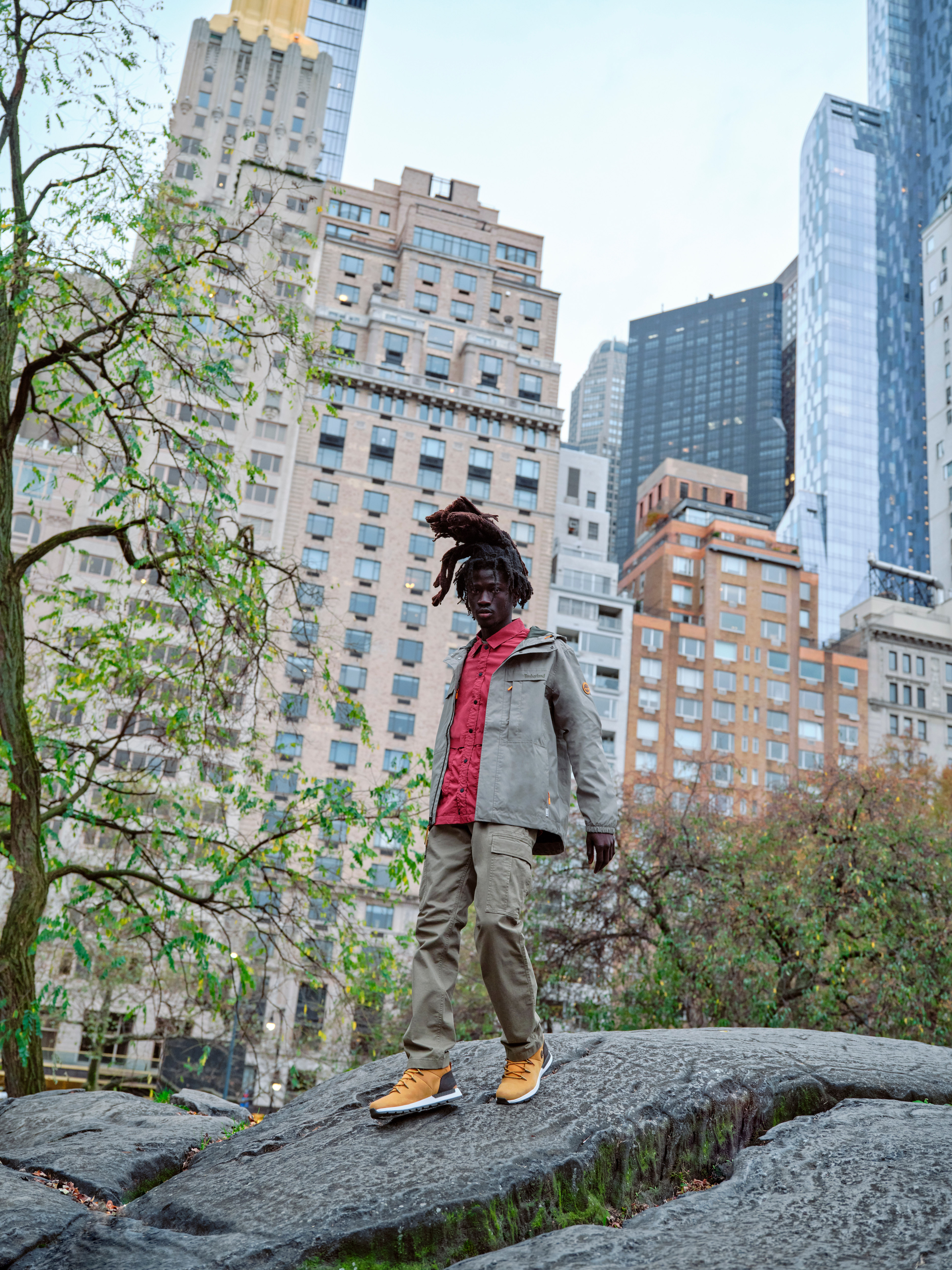 Man in black Timberland leather jacket