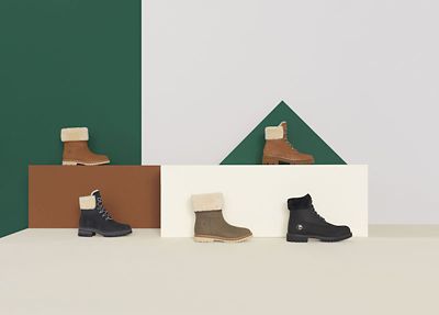 Five Timberland boots on display
