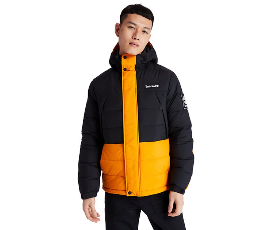 Model wearing black and yellow bomber jacket