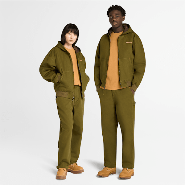 Timberland - All Gender Washed Duck Canvas Hooded Bomber in Dark Green, Green, Size: 3XL
