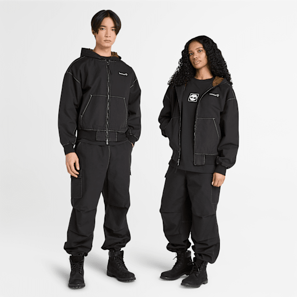 Timberland - All Gender Washed Duck Canvas Hooded Bomber in Black, Black, Size: M
