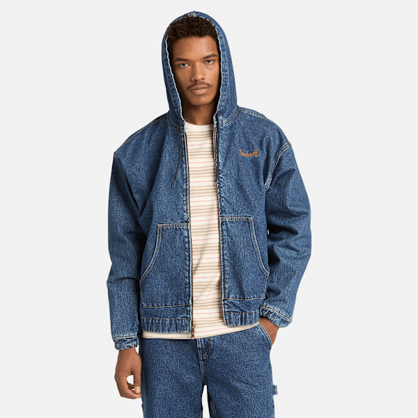 All Gender Denim Full-Zip Hooded Bomber in Blue