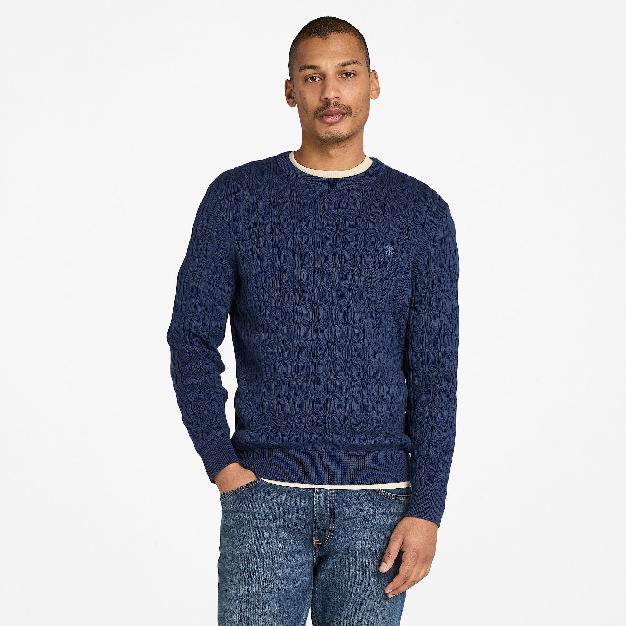 Pull  col rond en maille torsade Williams River pour homme en bleu fonc TBL bleu HERO