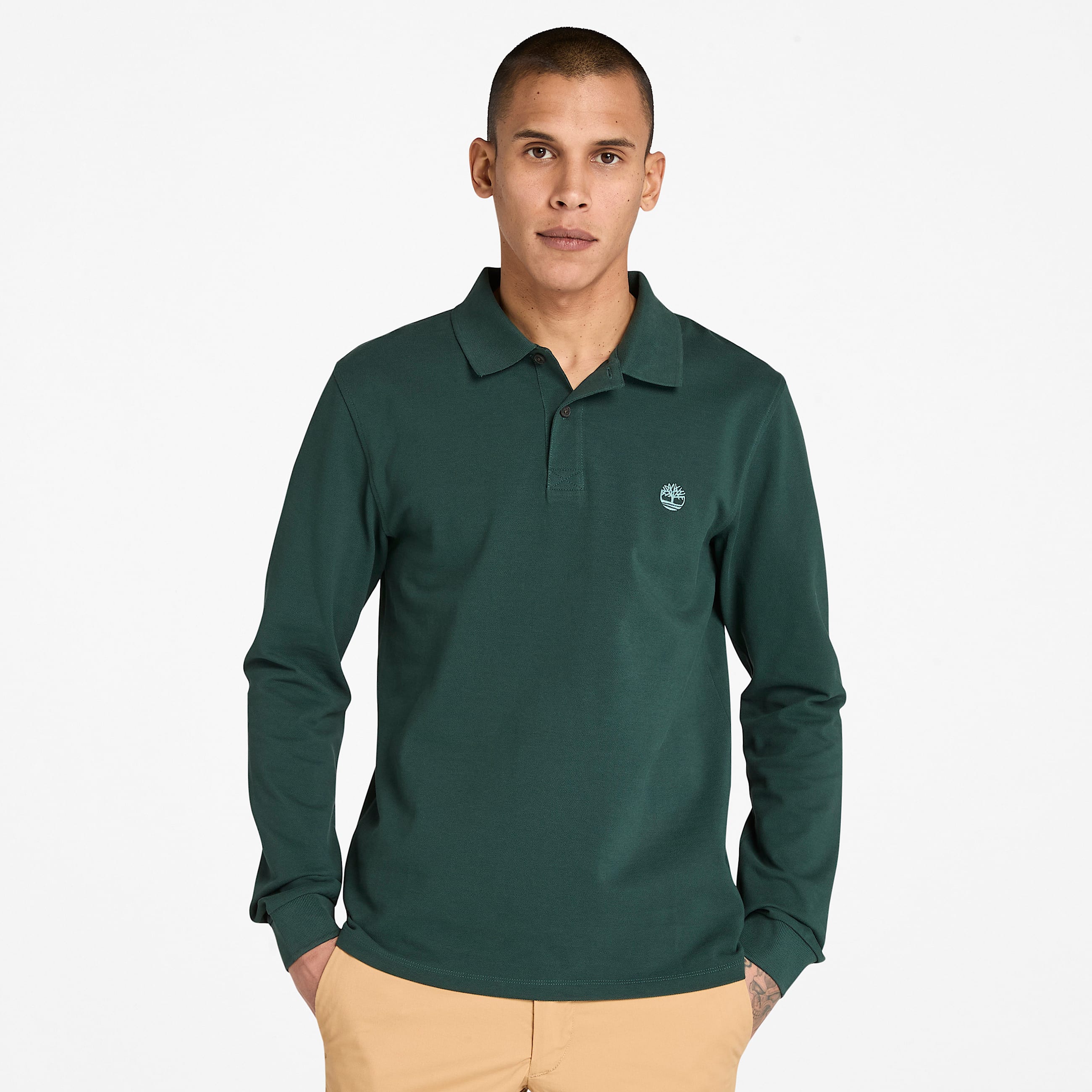 Millers River LongSleeve Pique Polo for Men in Dark Green TBL Green HERO