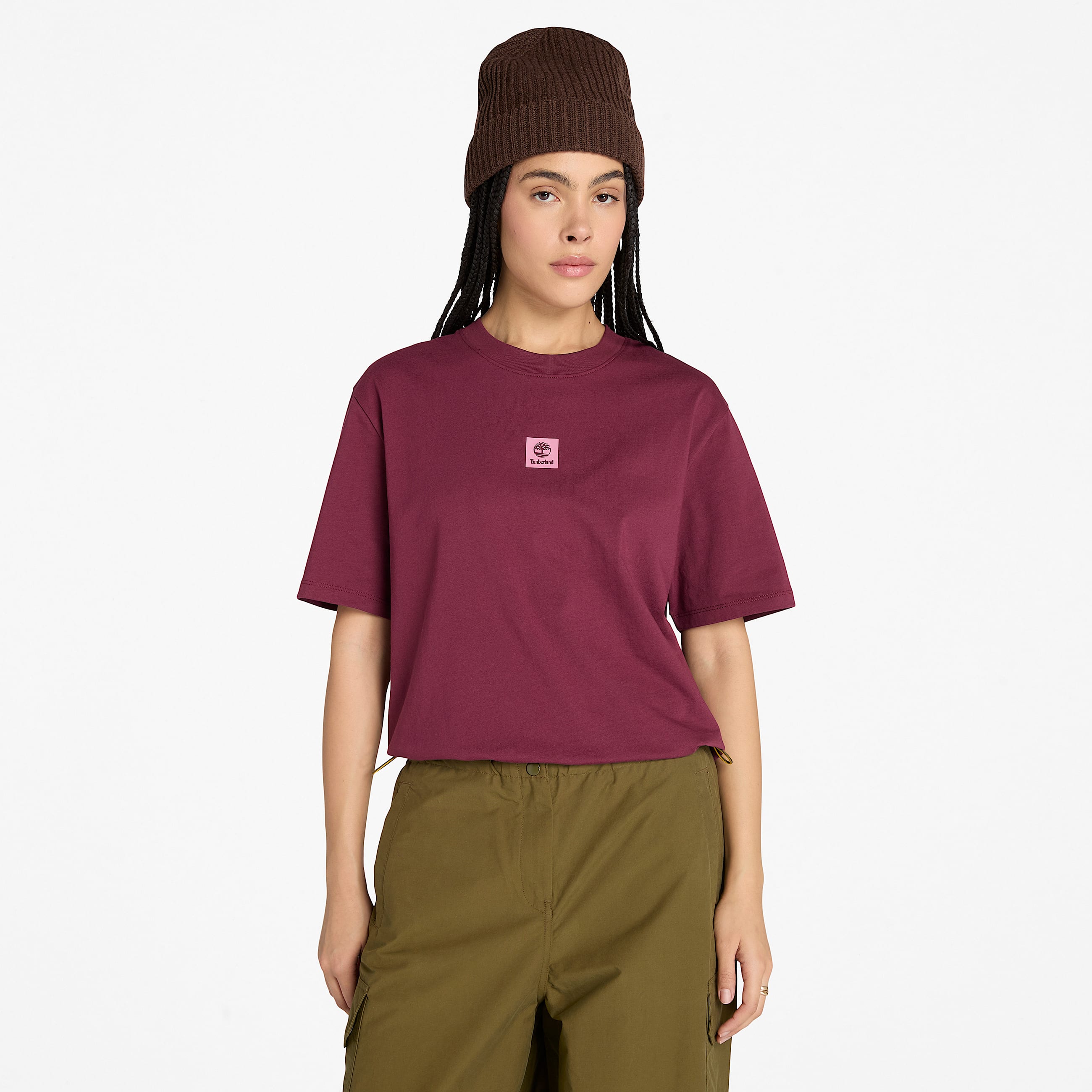 Timberland Stack Logo ShortSleeve TShirt for Women in Burgundy TBL Burgundy HERO