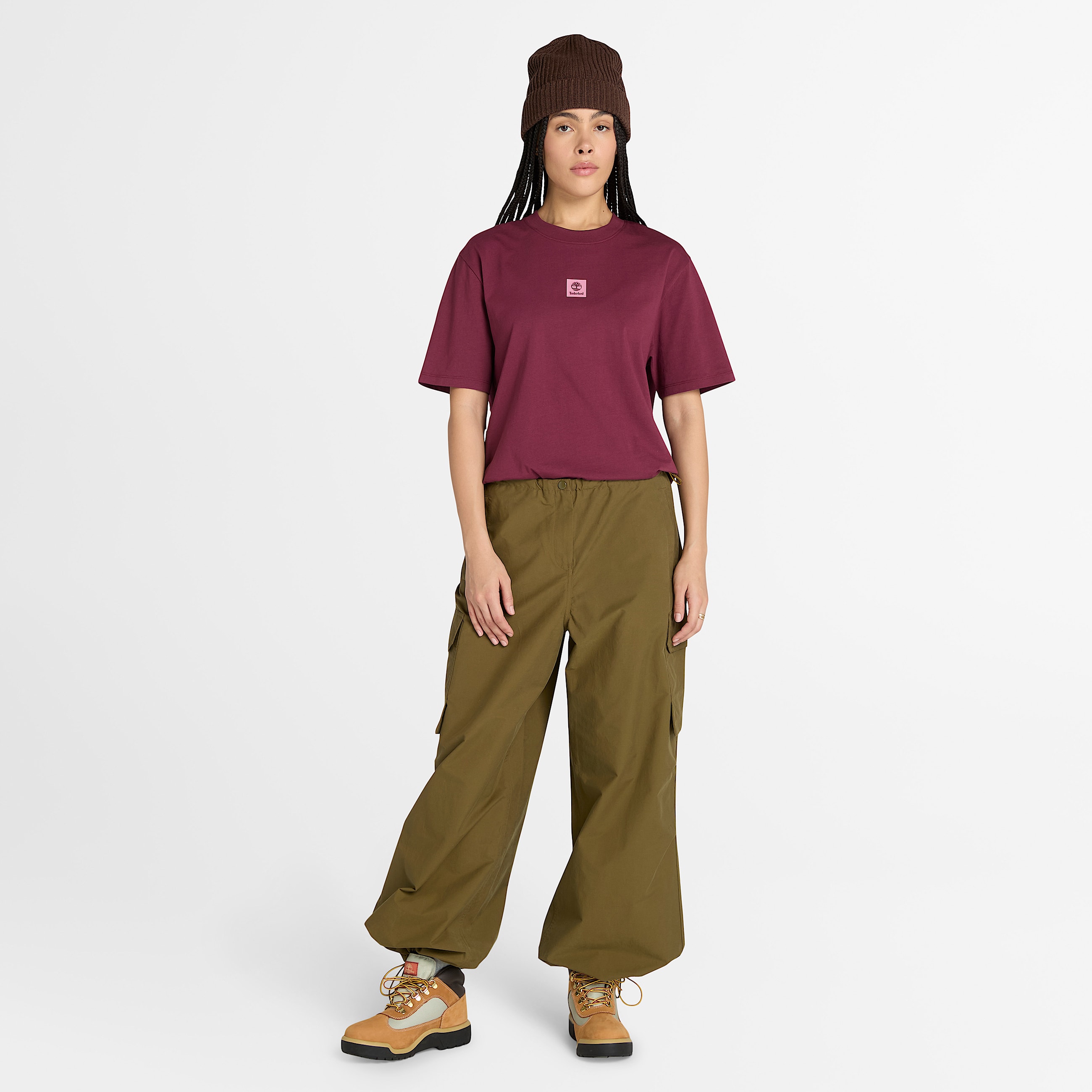 Tshirt Timberland  manches courtes et logo en relief pour femme en bordeaux TBL bordeaux ALT1