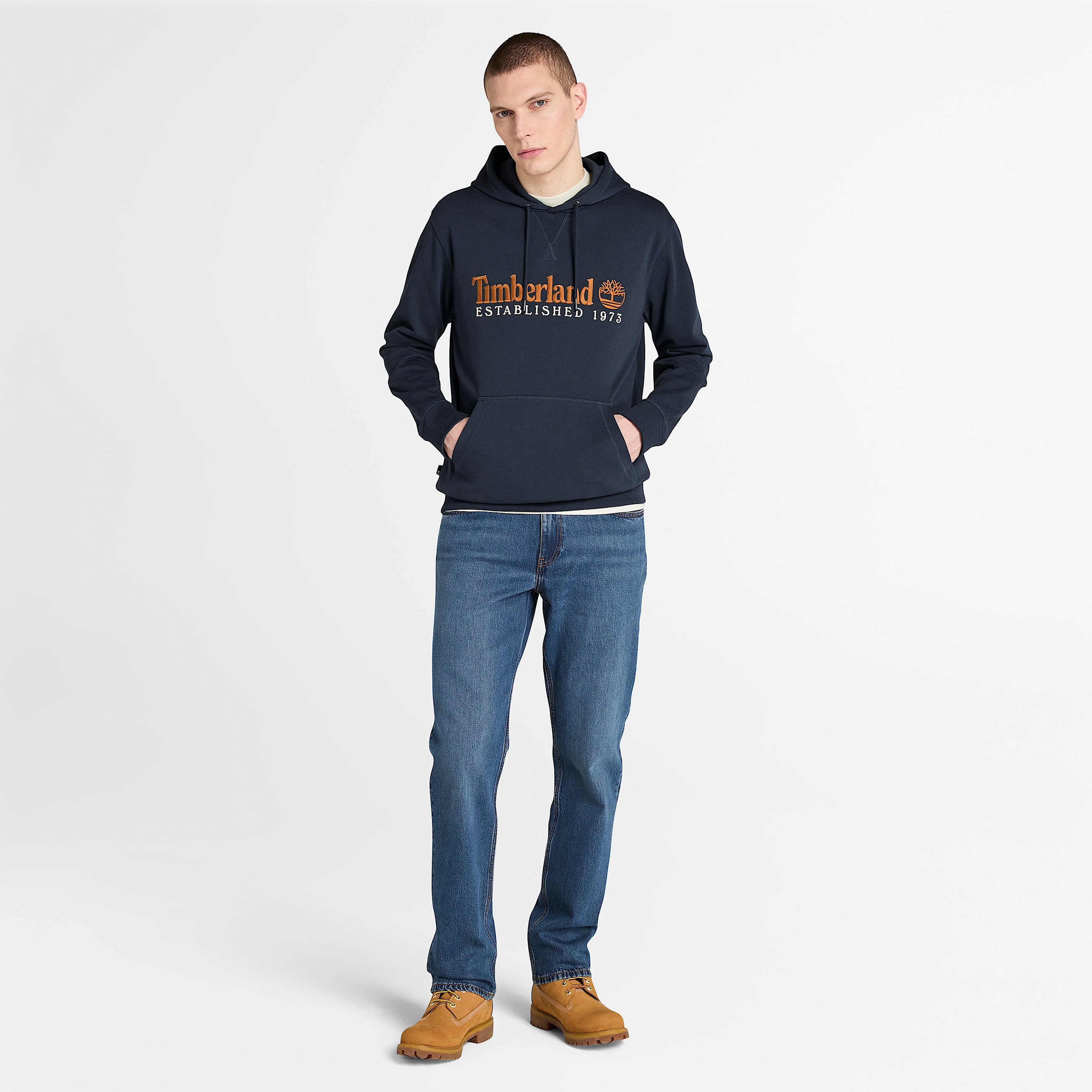 Established 1973 Embroidered Logo Loopback Hoodie for Men in Dark Blue TBL Blue ALT1