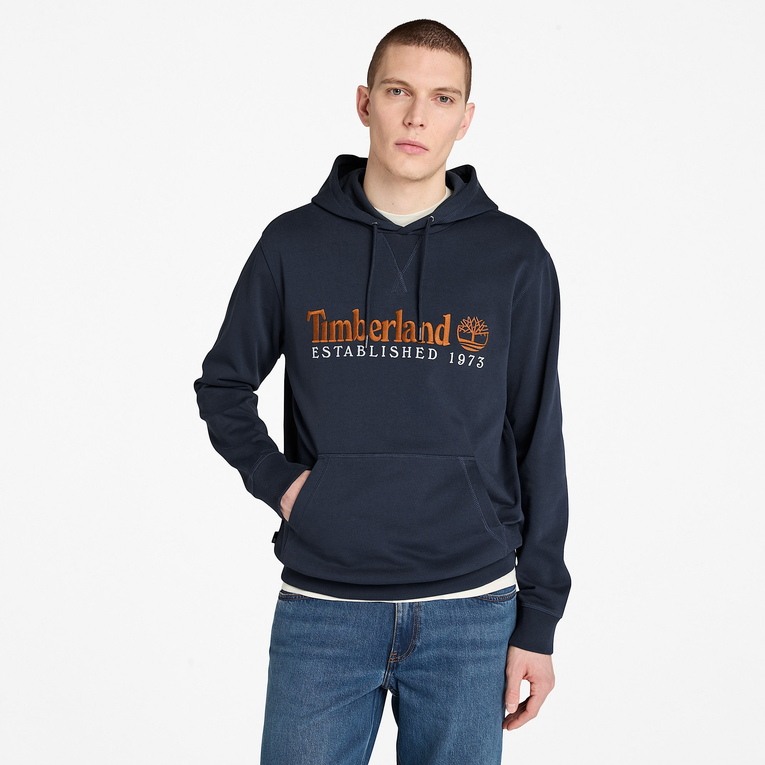 Established 1973 Embroidered Logo Loopback Hoodie for Men in Dark Blue TBL Blue ALT10