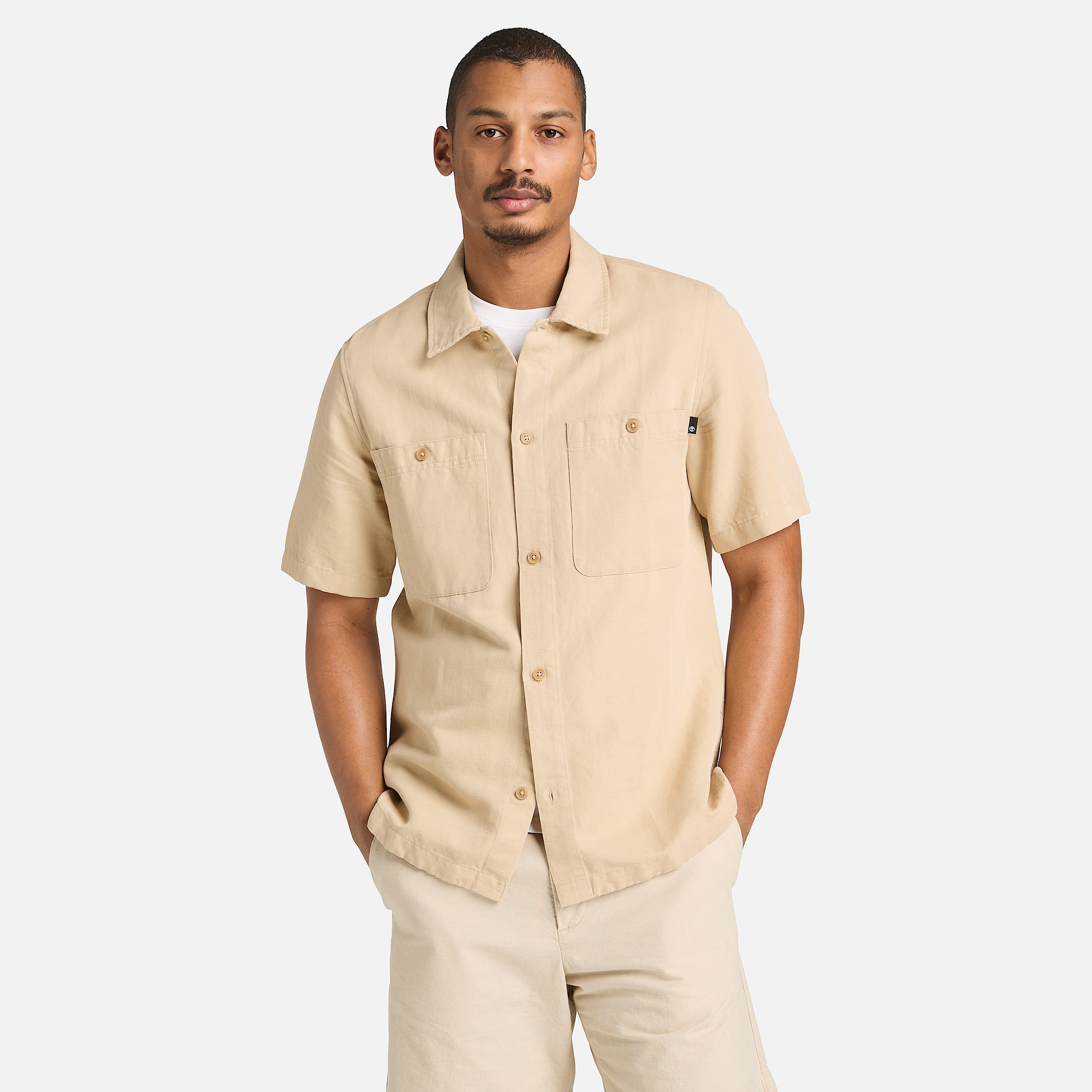 CottonLinen ShortSleeve Utility Shirt for Men in Beige TBL Beige ALT1