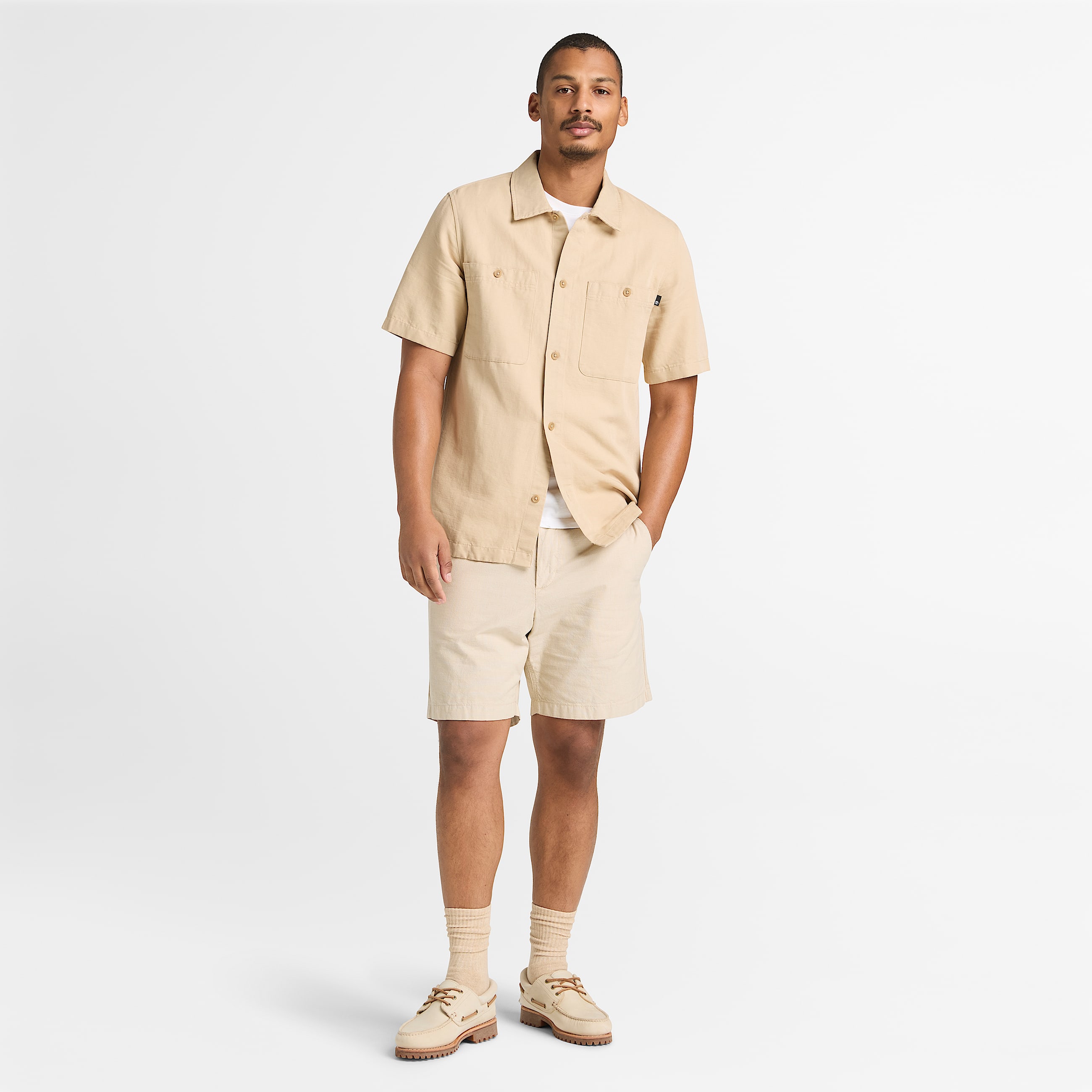 CottonLinen ShortSleeve Utility Shirt for Men in Beige TBL Beige ALT2