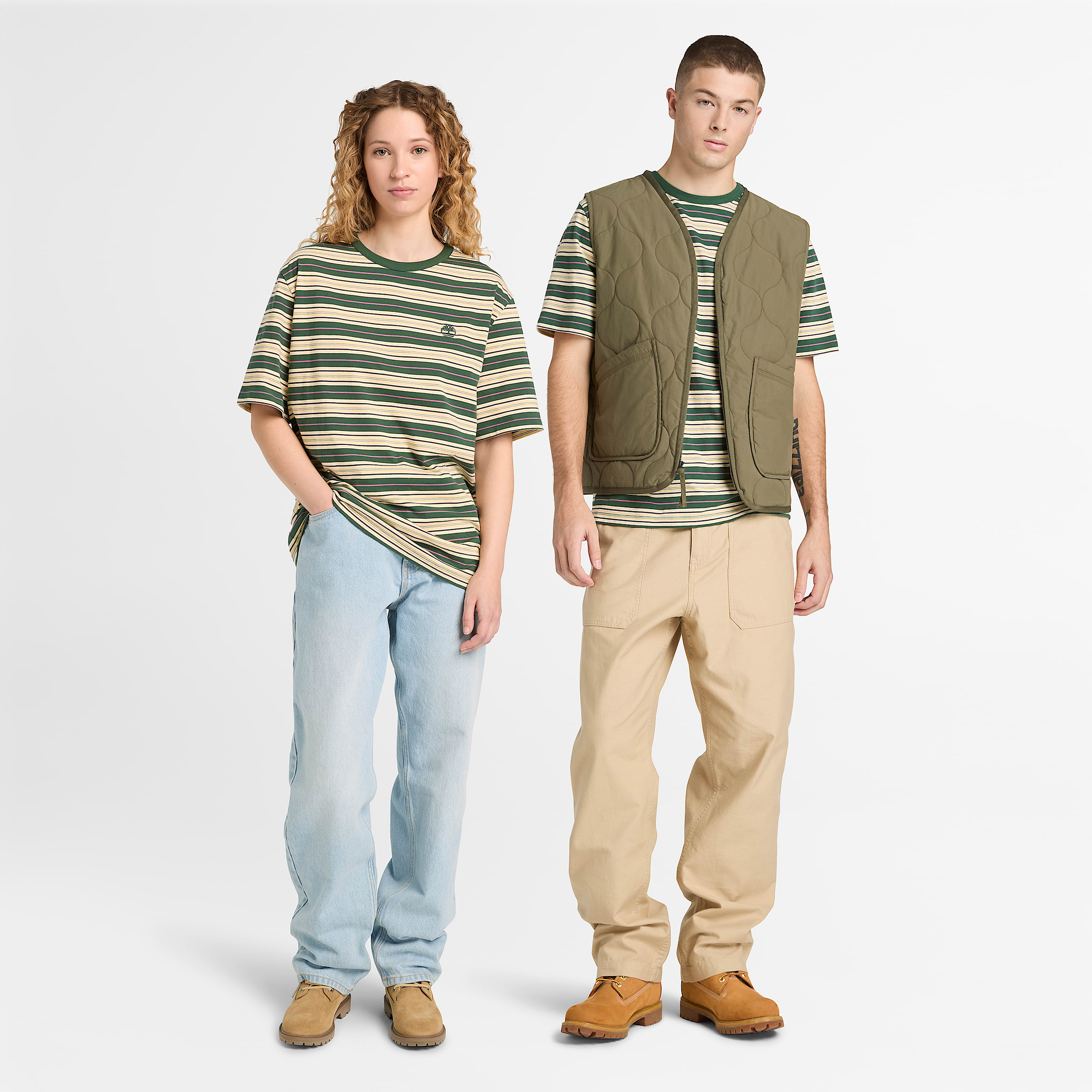 All Gender Striped TShirt in BeigeDark Green TBL Beige ALT1