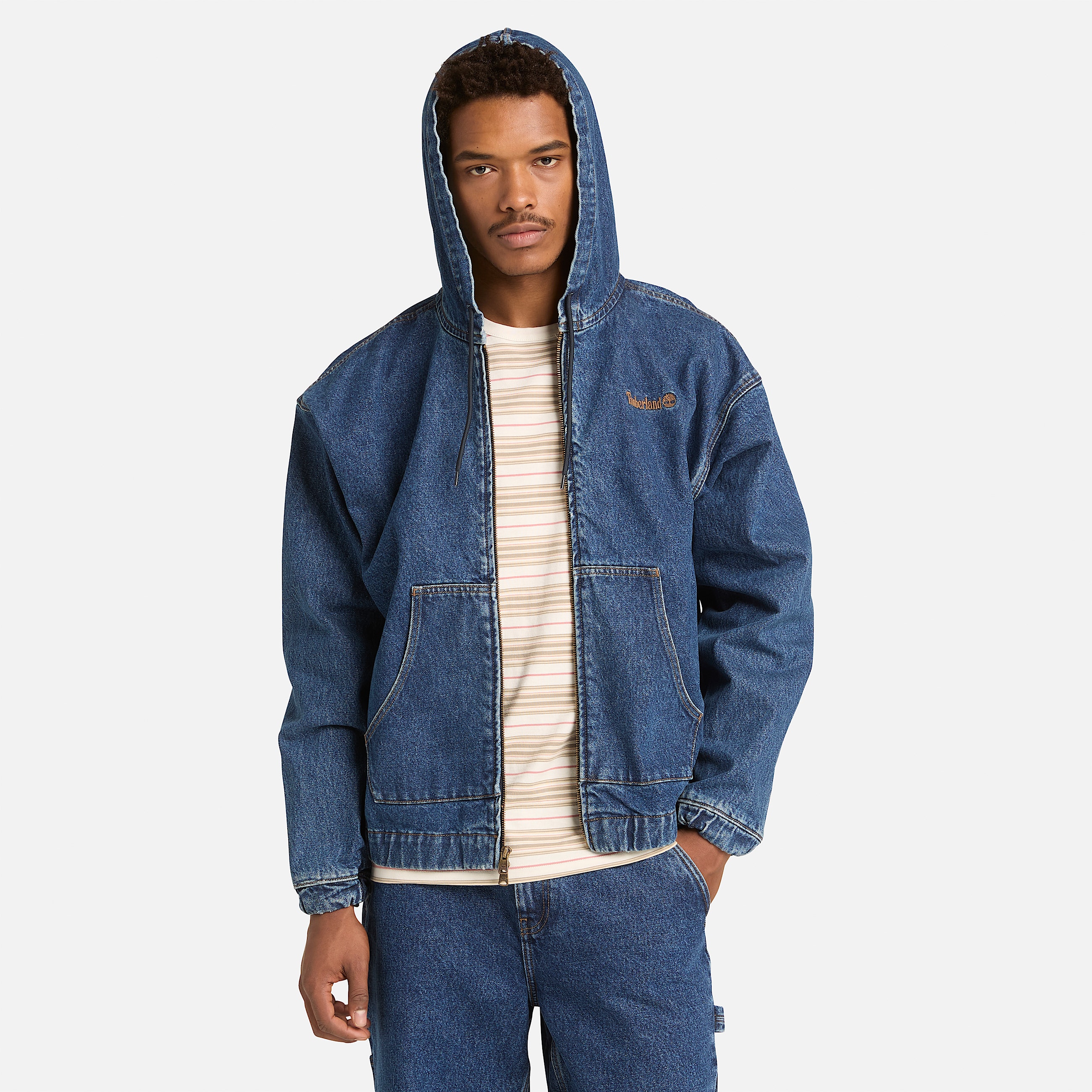 All Gender Denim FullZip Hooded Bomber in Blue TBL Blue ALT3