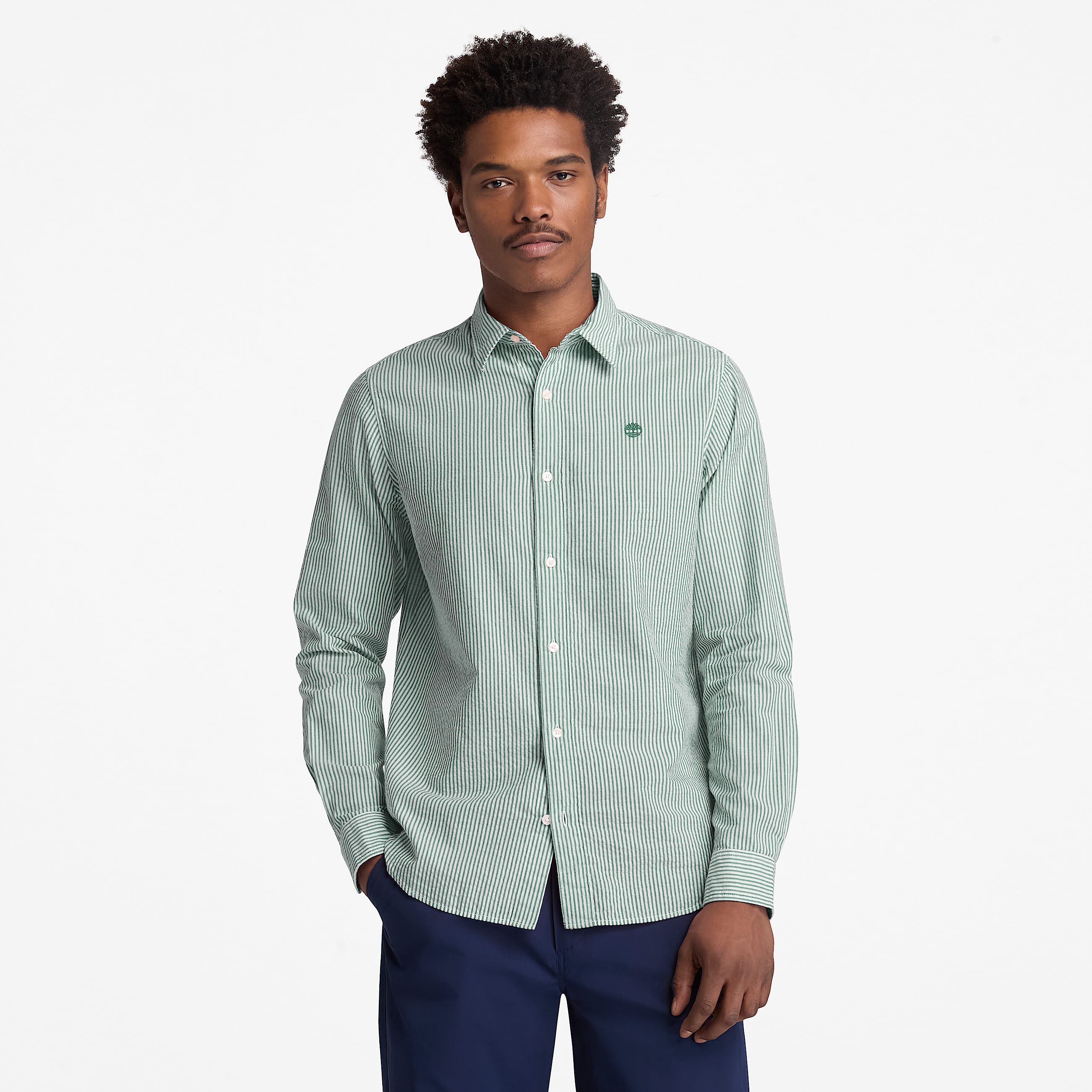 Chemise raye  manches longues en seersucker pour homme en vert fonc TBL Verte ALT1