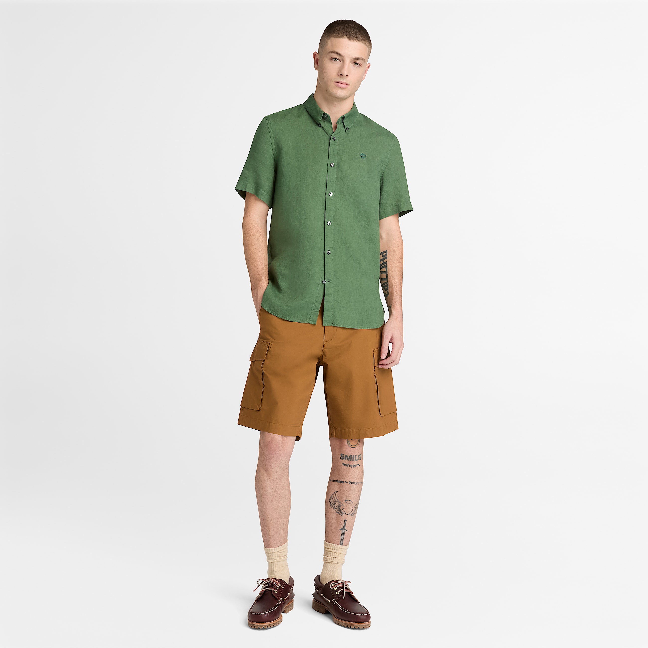 Mill Brook Linen ShortSleeve Shirt for Men in Dark Green TBL Green ALT2