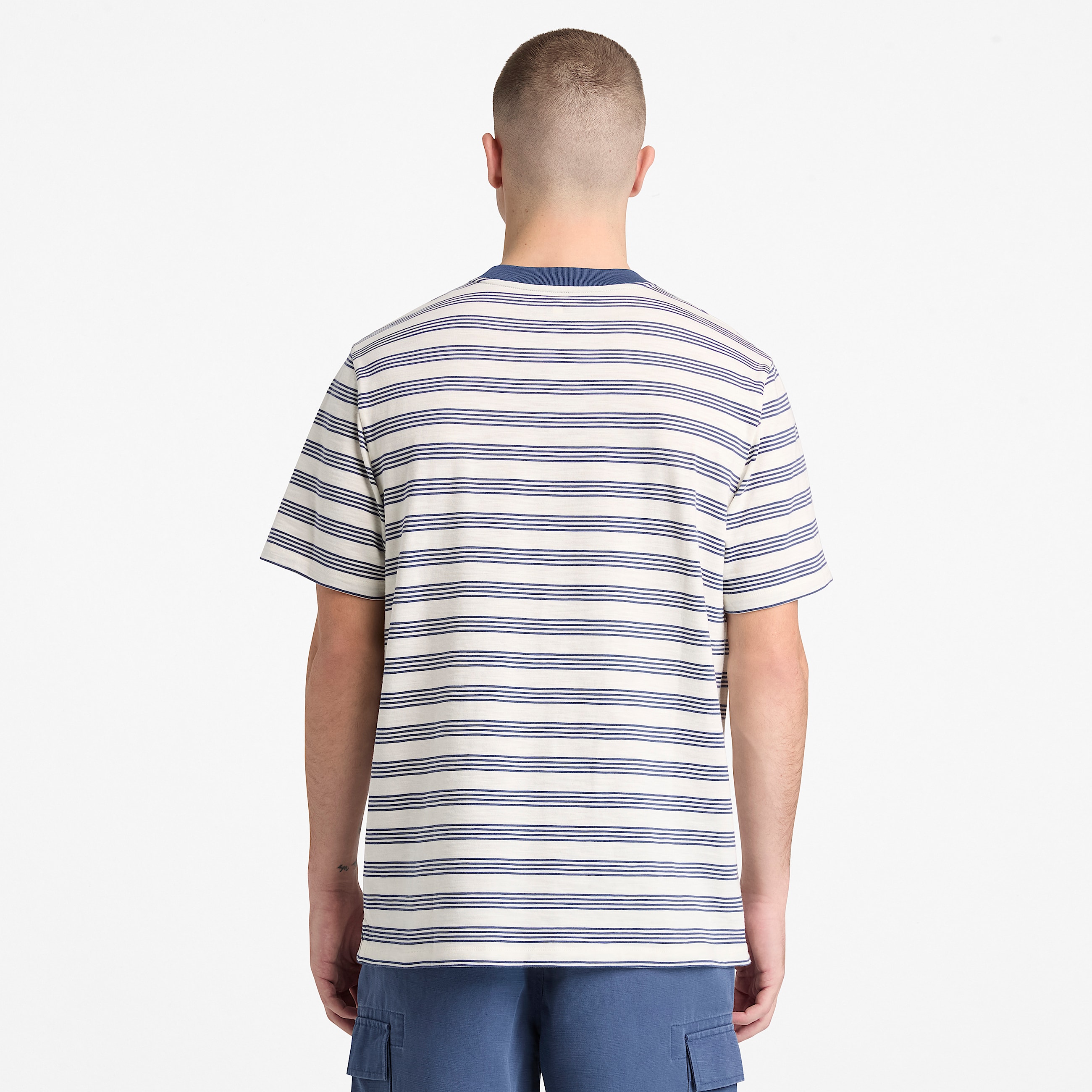 Striped ShortSleeve TShirt for Men in WhiteDark Blue TBL Blue ALT8