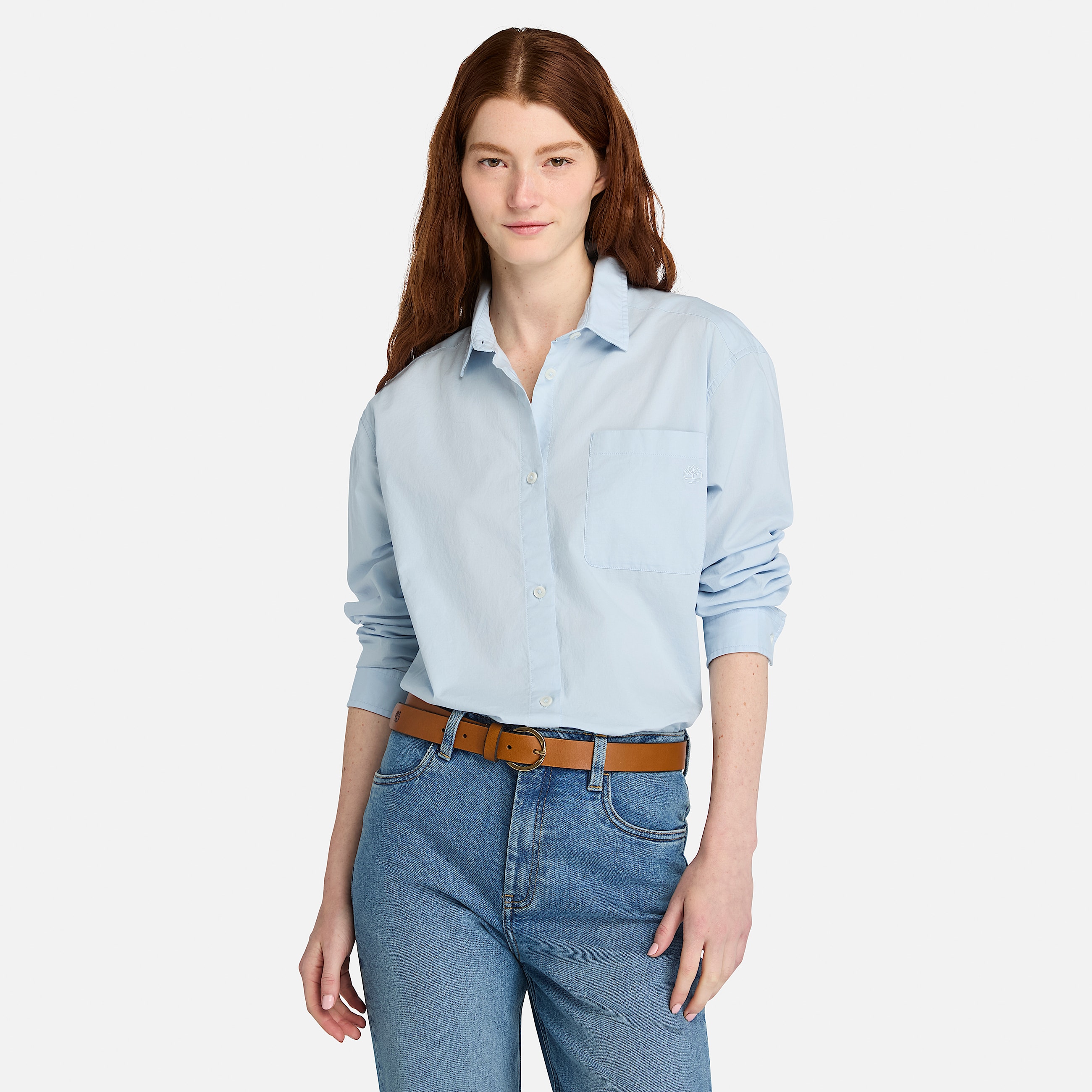 Camisa de manga larga de popelina para mujer en azul claro TBL azul ALT1