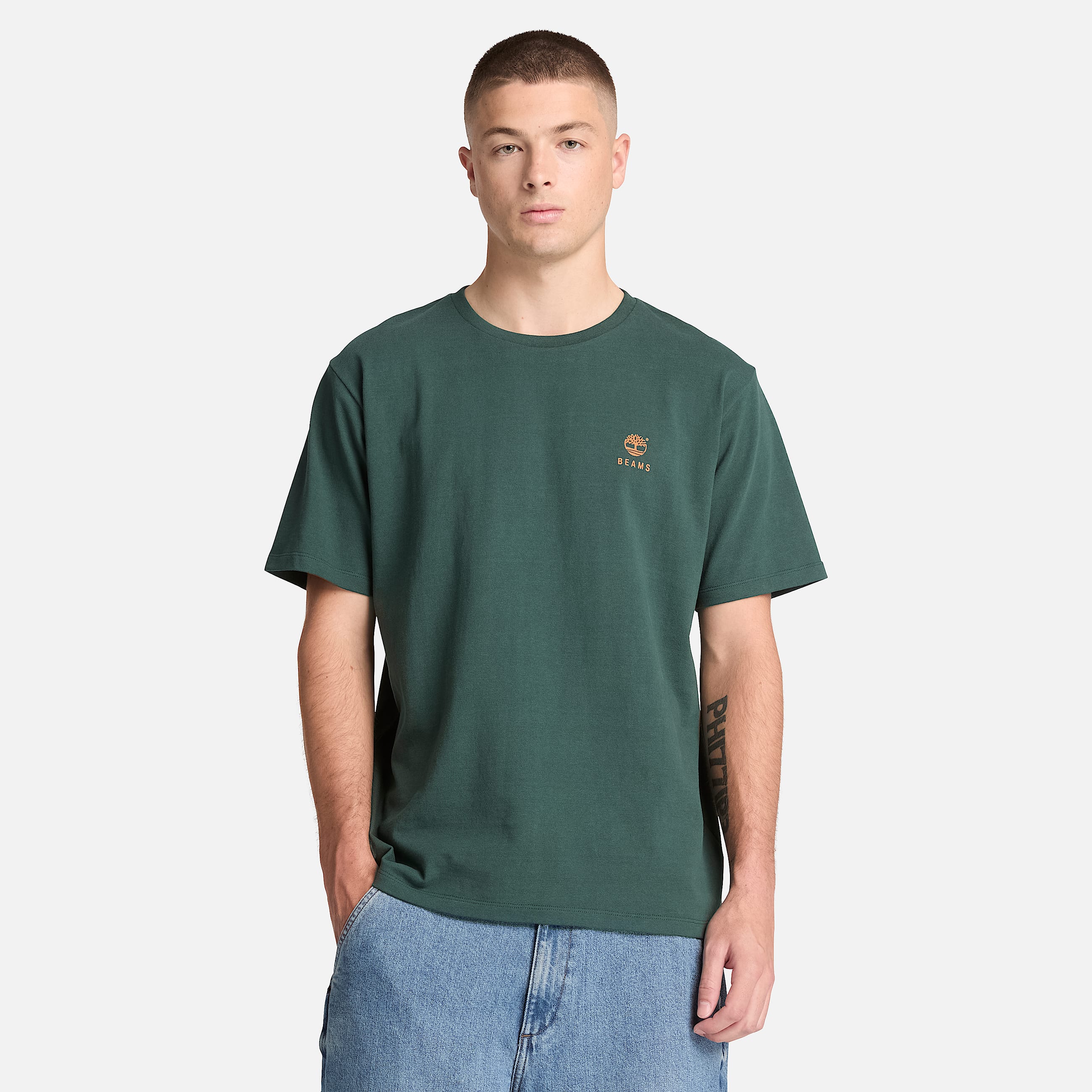 All Gender Timberland x BEAMS Cotton Print TShirt in Dark Green TBL Green ALT3