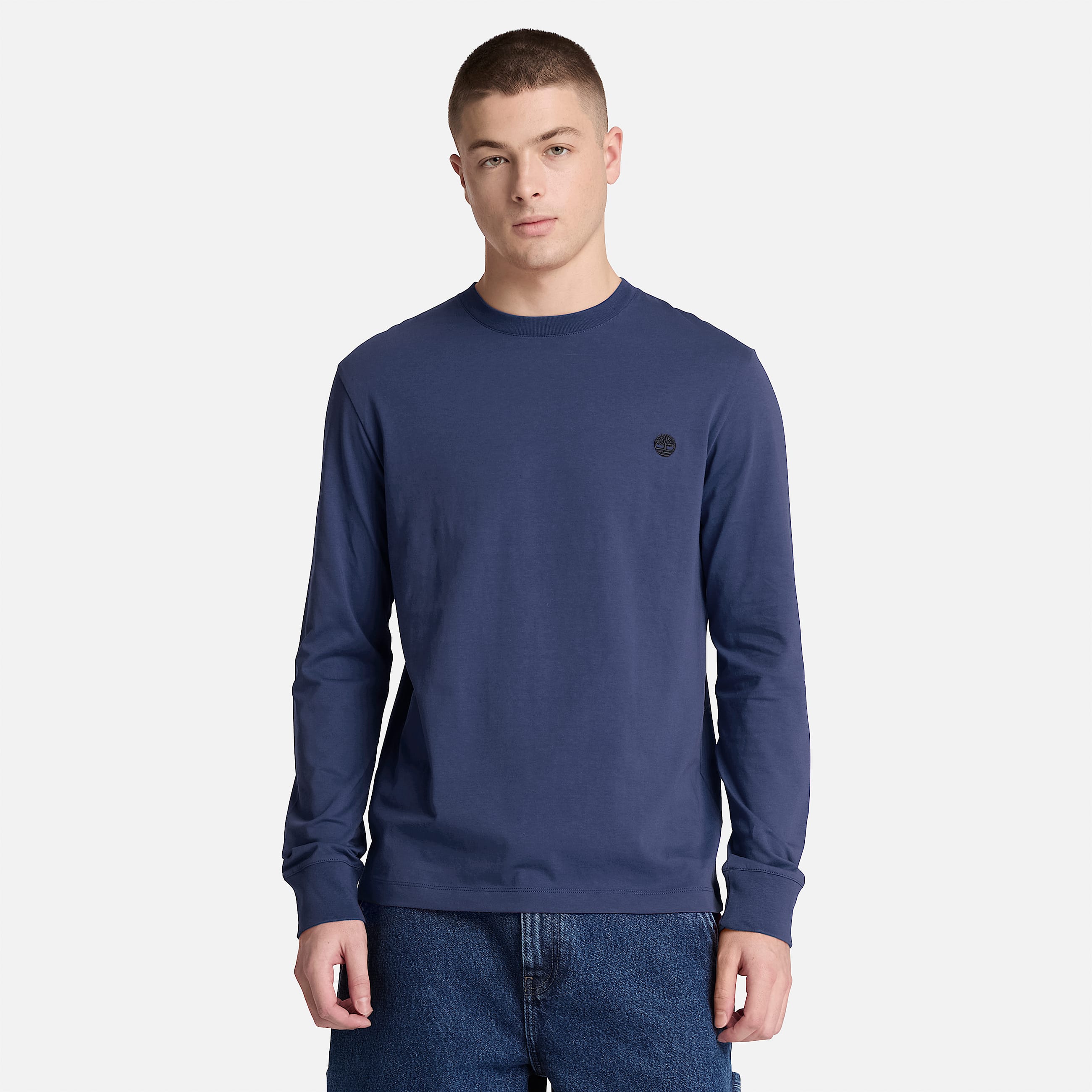 Dunstan River Slim Embroidered LongSleeve TShirt for Men in Dark Blue TBL Blue ALT1