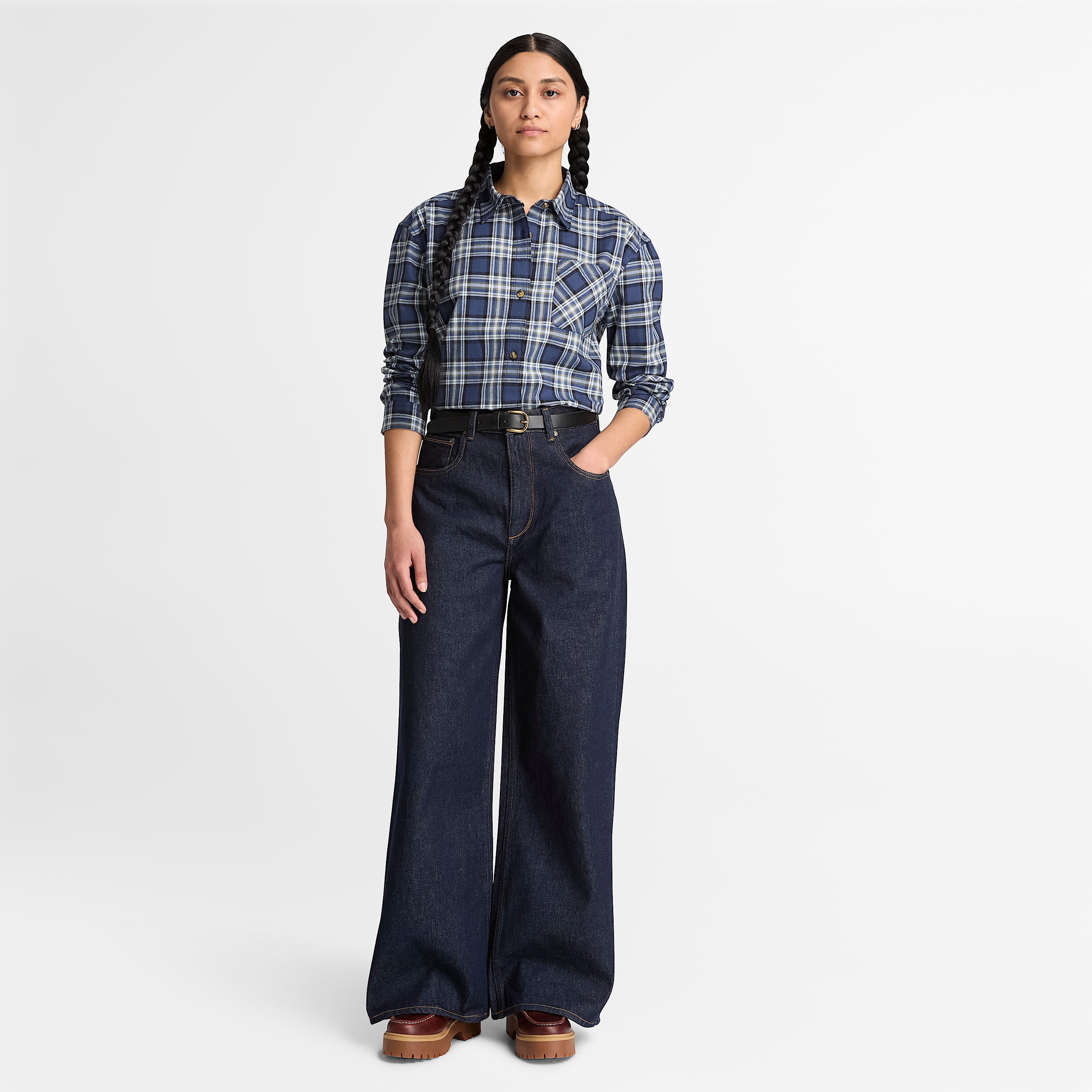 Chemise en flanelle semipaisse  manches longues pour femme en bleu fonc TBL bleu ALT2