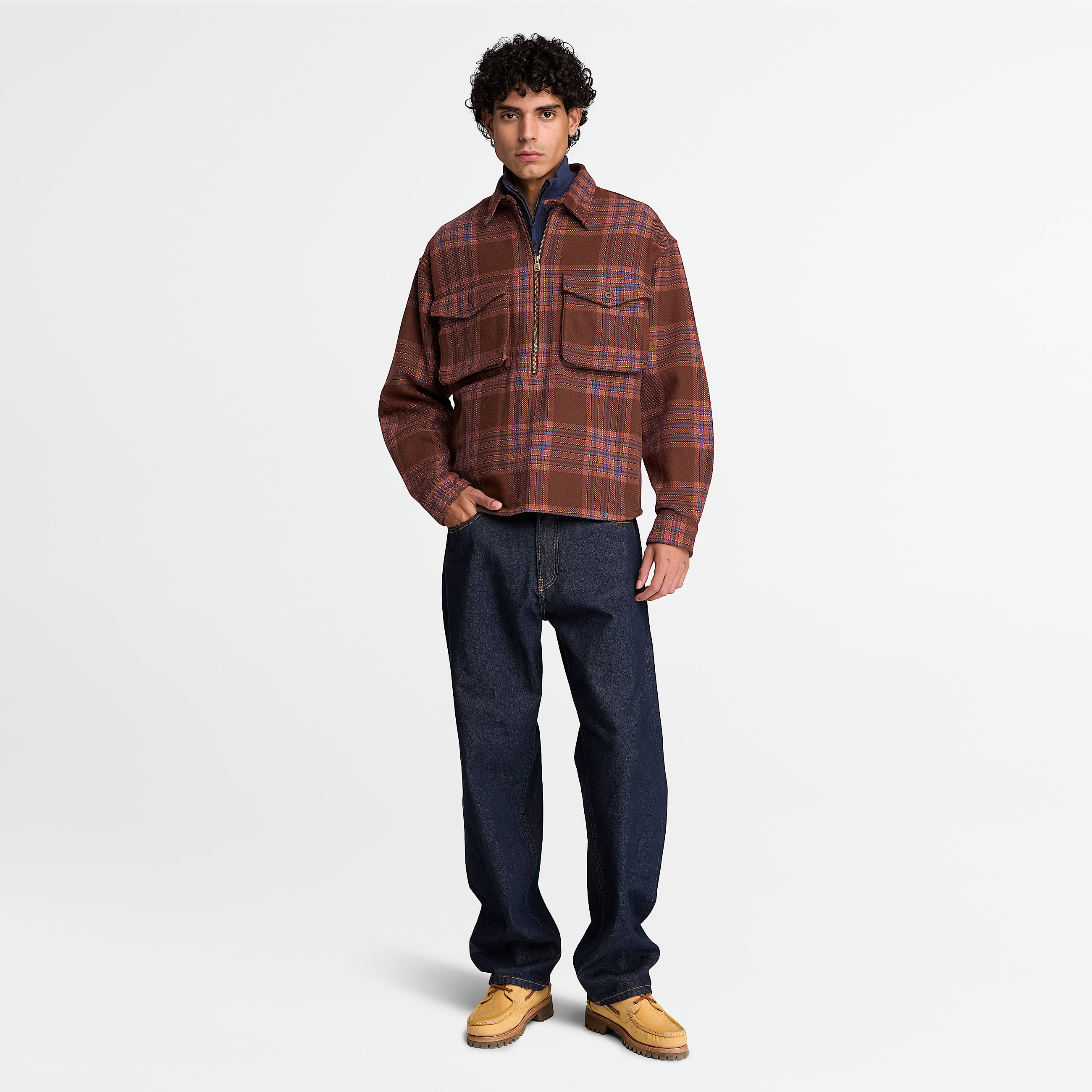 Flannel Check QuarterZip Shirt for Men in Dark Brown TBL Brown ALT2