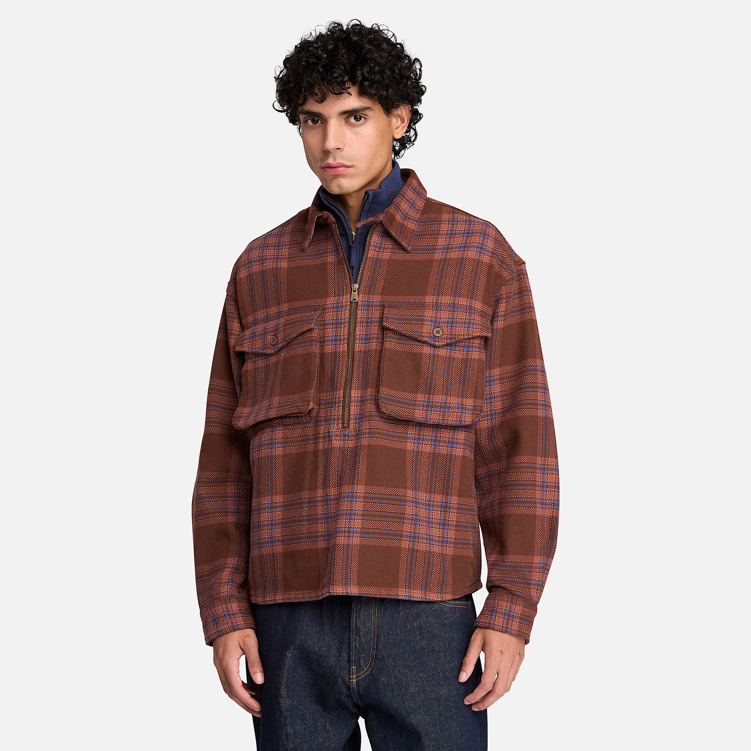 Flannel Check QuarterZip Shirt for Men in Dark Brown TBL Brown ALT1