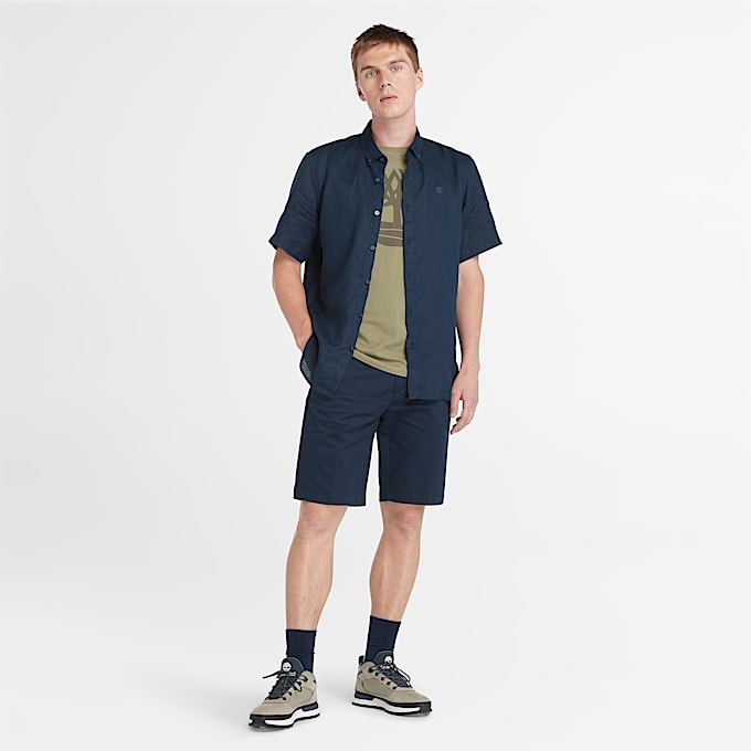 Camicia a Maniche Corte in Lino Mill Brook da Uomo in blu scuro
