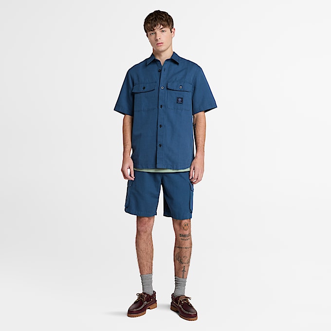 Overshirt Utility in Cotone e Lino da Uomo in blu scuro