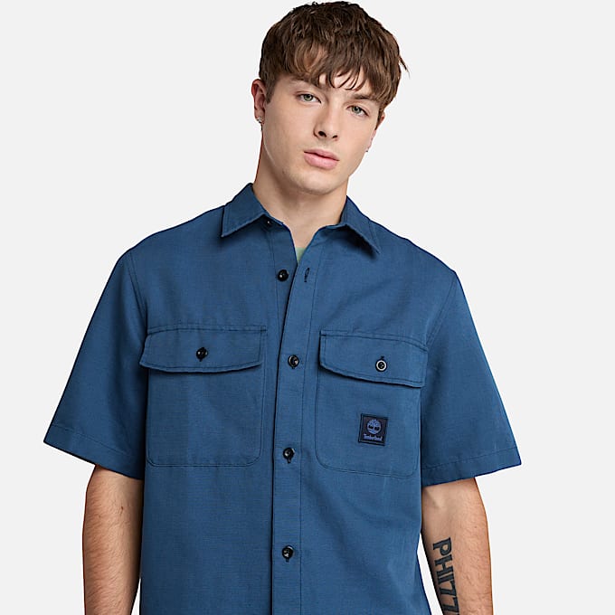 Overshirt Utility in Cotone e Lino da Uomo in blu scuro