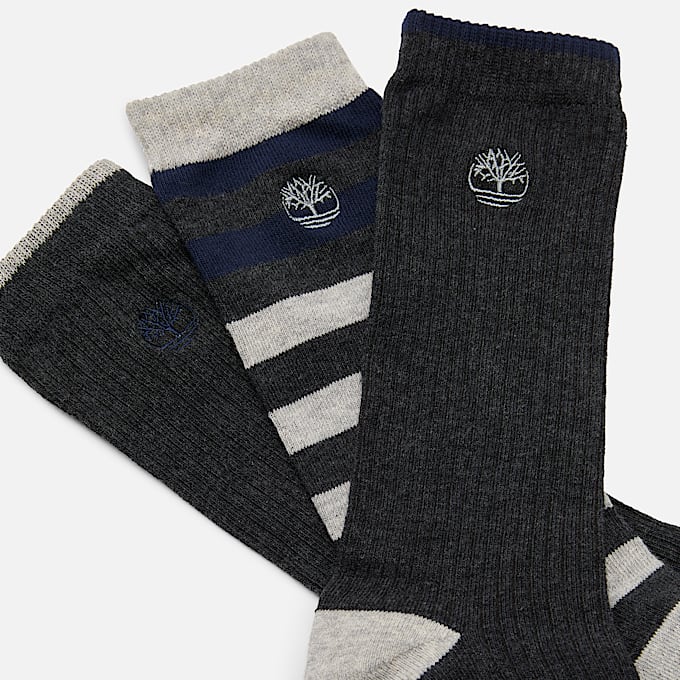 Timberland® 3-Pack Craftsbury Striped Crew Sock for Men in Dark Grey