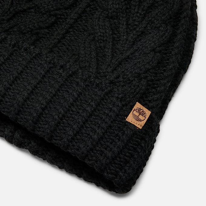 Cable Beanie with Pom in Black