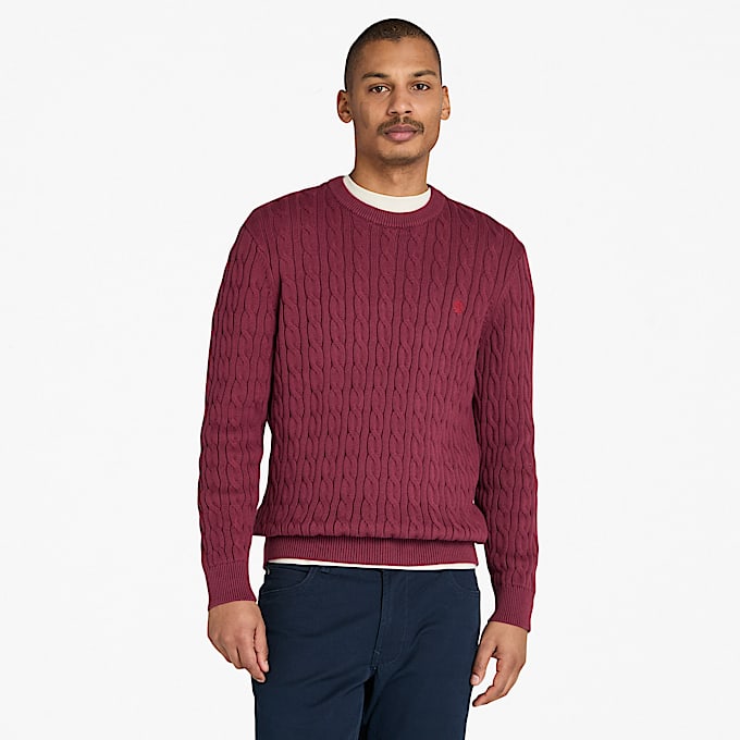 Pull à col rond en maille torsadée Williams River pour homme en bordeaux - 1