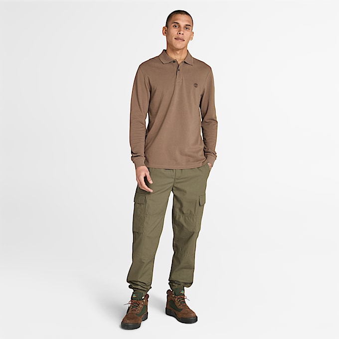 Millers River Piqué Poloshirt met lange mouwen voor heren in bruin