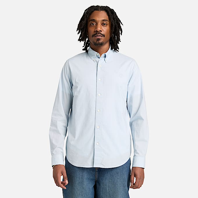 Camisa de manga larga de popelina elástica para hombre en azul claro