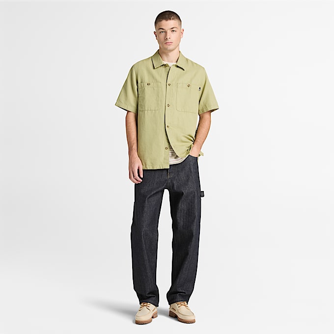 CottonLinen ShortSleeve Utility Shirt for Men in Green TBL Green ALT2