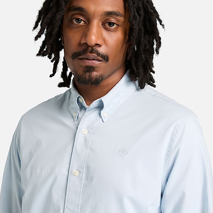 Camisa de manga larga de popelina elástica para hombre en azul claro