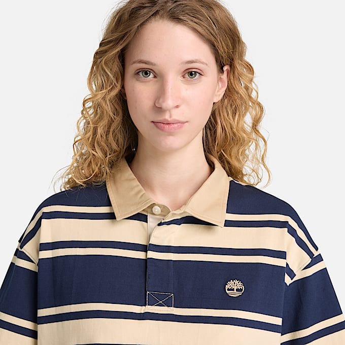 Polo Rugby a Righe a Maniche Corte All Gender in blu scuro/beige