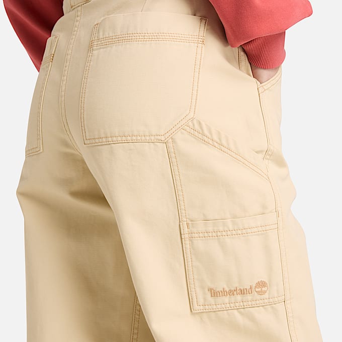 Pantalón recto de lona para mujer en beis