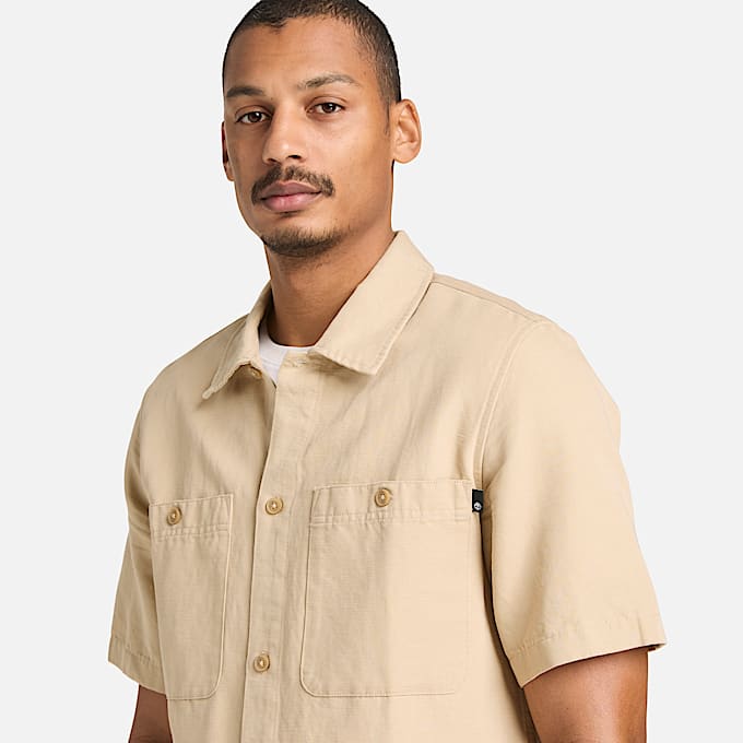CottonLinen ShortSleeve Utility Shirt for Men in Beige TBL Beige ALT3