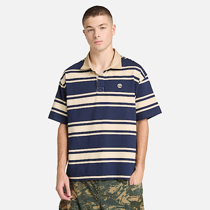 Polo Rugby a Righe a Maniche Corte All Gender in blu scuro/beige