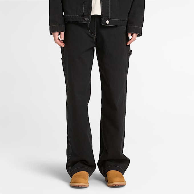 Pantalón recto de lona para mujer en negro