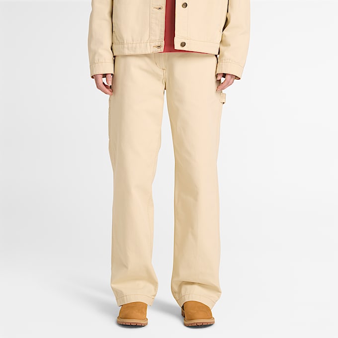 Pantalón recto de lona para mujer en beis