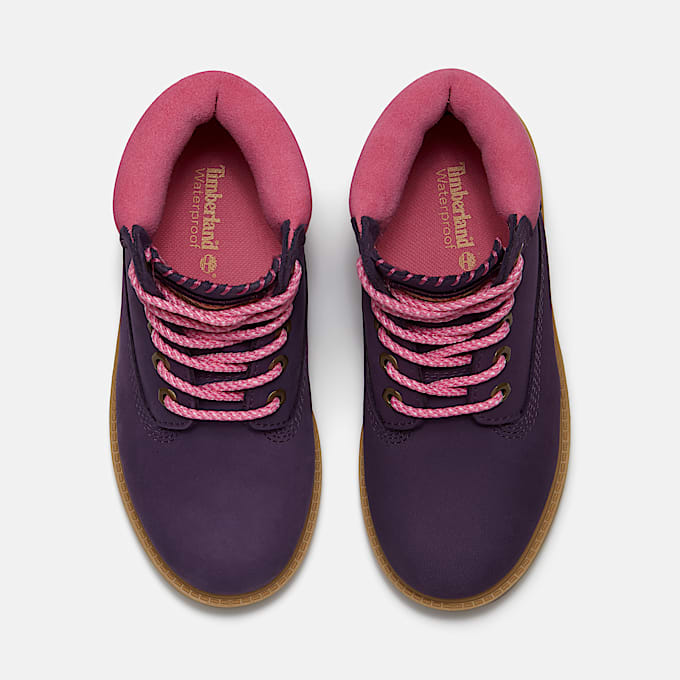 Wasserdichter Timberland® Premium 6-Inch-Boot für Jugendliche in Dunkelviolett/Hellpink