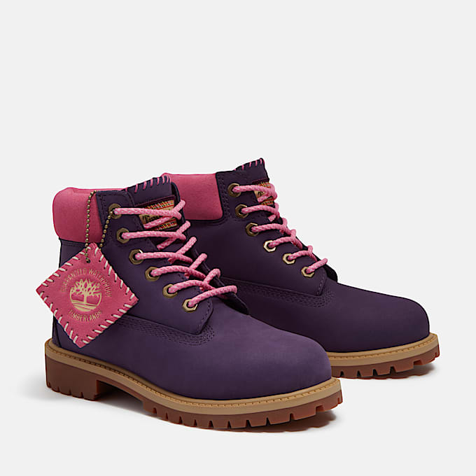 Wasserdichter Timberland® Premium 6-Inch-Boot für Jugendliche in Dunkelviolett/Hellpink