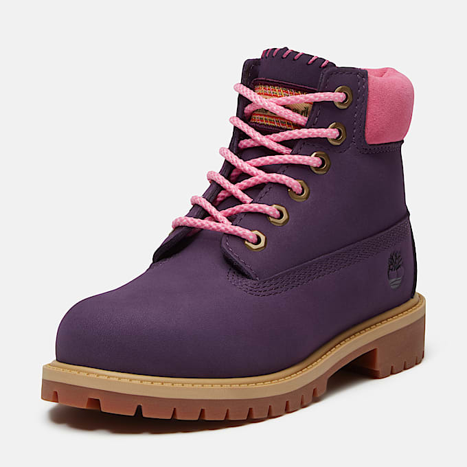Wasserdichter Timberland® Premium 6-Inch-Boot für Jugendliche in Dunkelviolett/Hellpink
